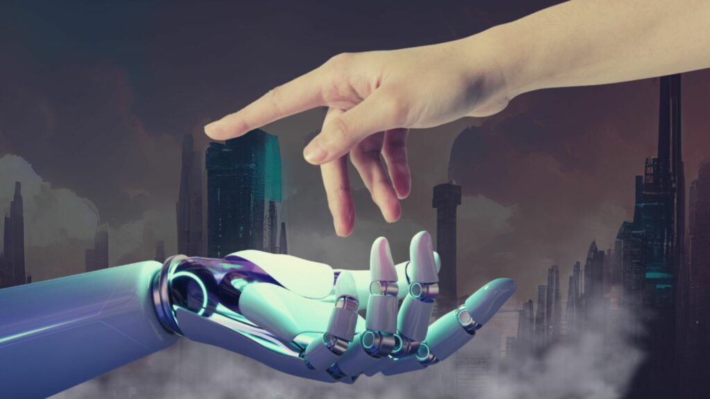 an AI hand and a human hand 