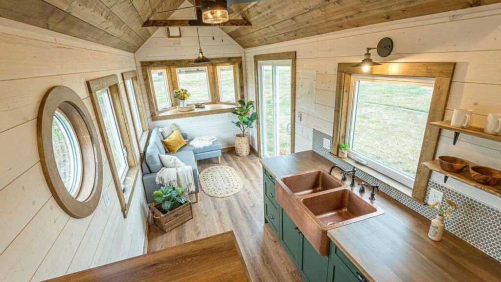 tiny home architecture with sofa, sink and flowers 